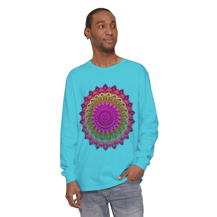 Person Embracing Comfort and Style in Vibrant Mandala Unisex Long Sleeve T-Shirt