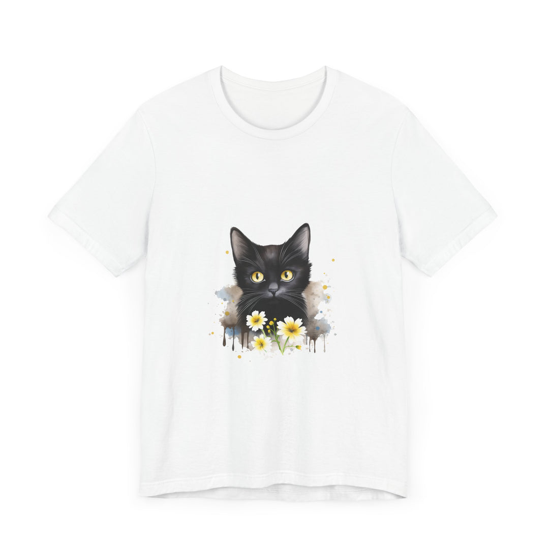 A stylish black t-shirt featuring a striking image of a black cat with piercing yellow eyes