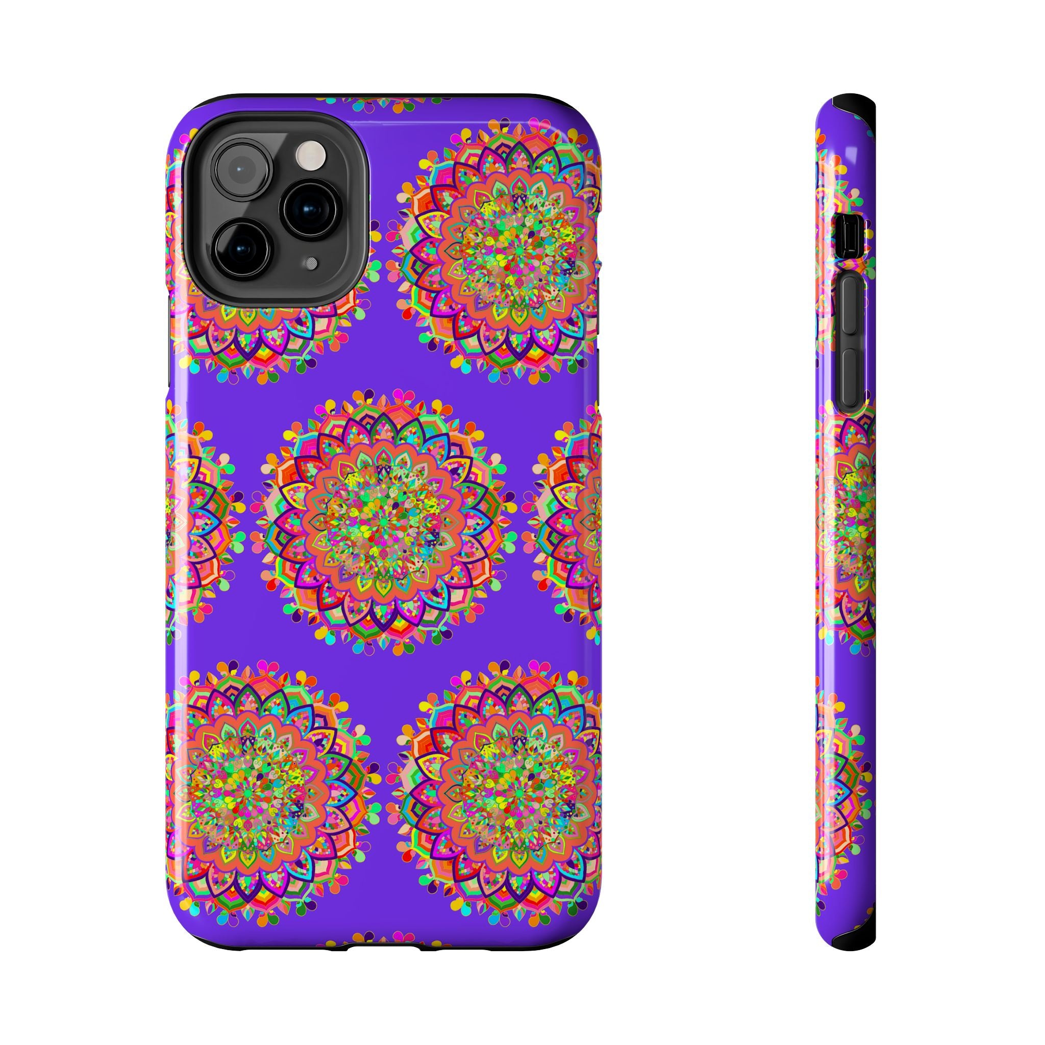 Hand-drawn intricate small purple mandala art phone case designed for iPhone X and XS, featuring delicate handcrafted details and vibrant color