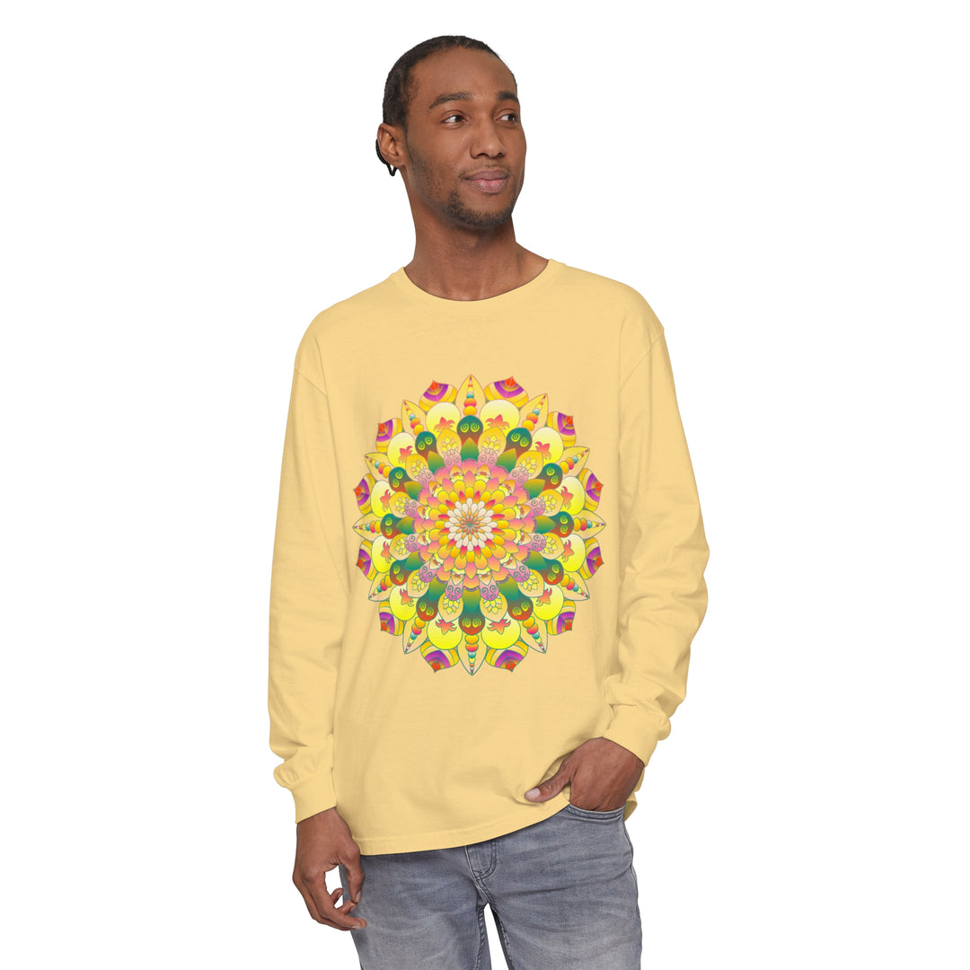 Colorful and intricate mandala design on a long sleeve unisex t-shirt