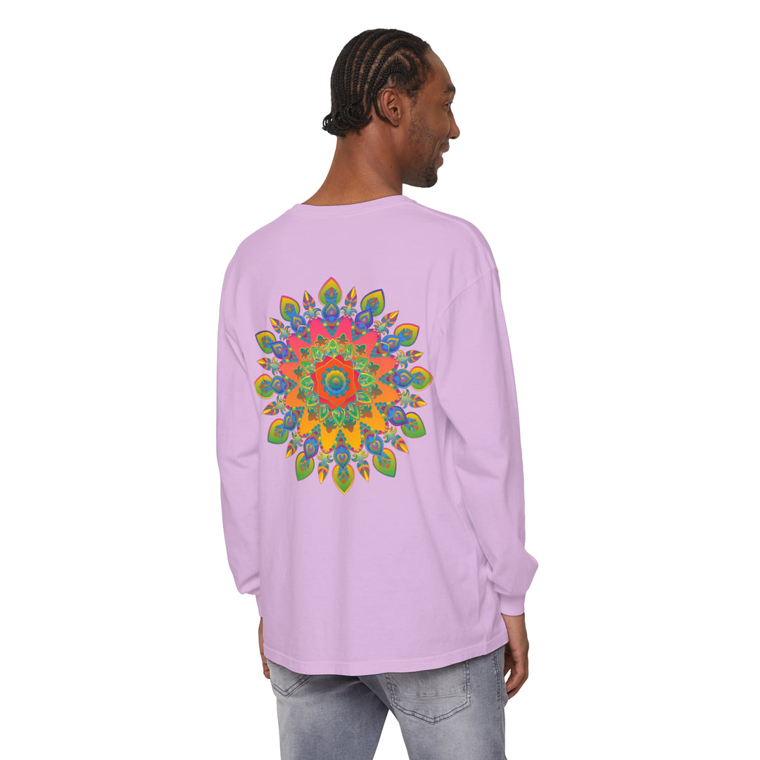 A close-up image of a vibrant mandala unisex long sleeve t-shirt with intricate and colorful design, perfect for adding a pop of style to any outfit