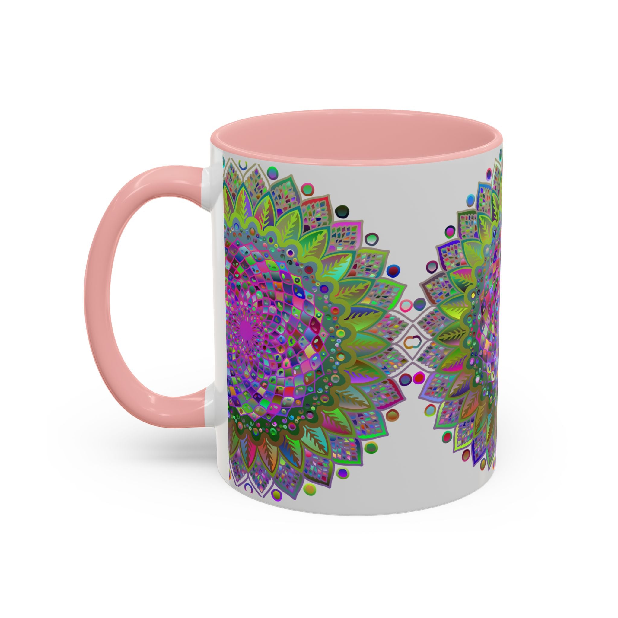 Colorful and vibrant psychedelic mandala design on a grey mug