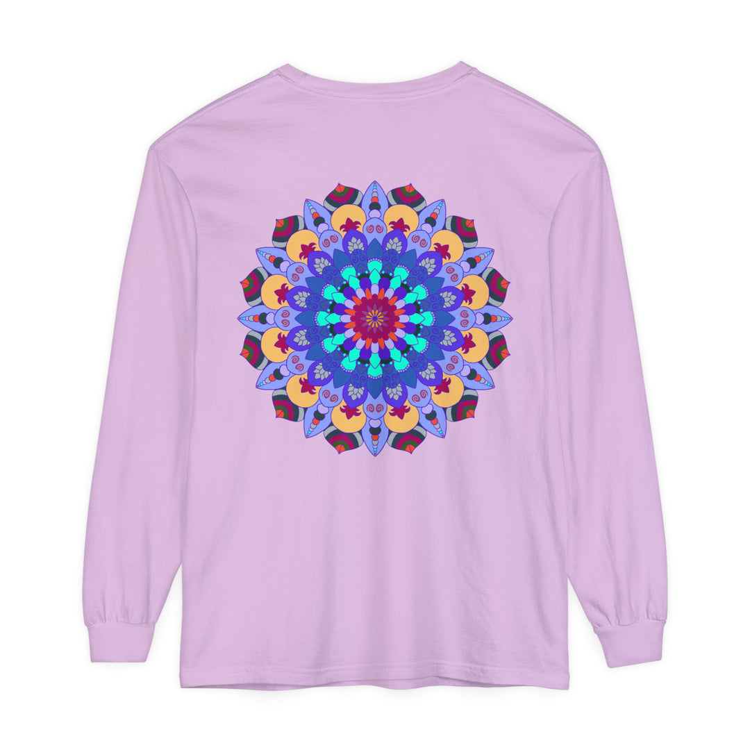 Colorful and intricate mandala design on a vibrant long sleeve t-shirt