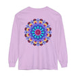 Colorful and intricate mandala design on a vibrant long sleeve t-shirt