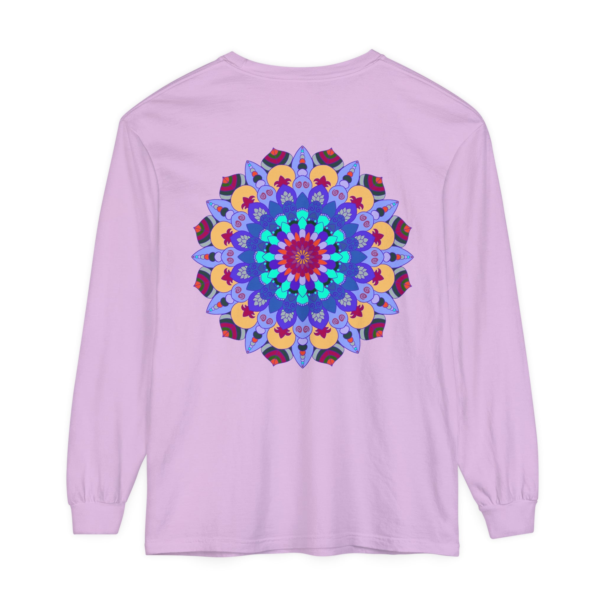 Colorful and intricate mandala design on a vibrant long sleeve t-shirt