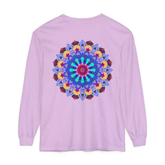 Colorful and intricate mandala design on a vibrant long sleeve t-shirt