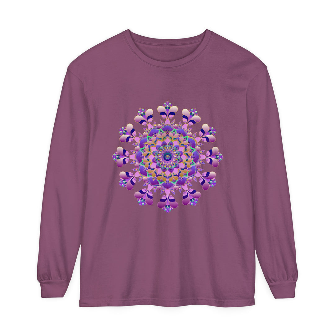 Unisex long sleeve t-shirt featuring an intricate mandala design in vibrant colors