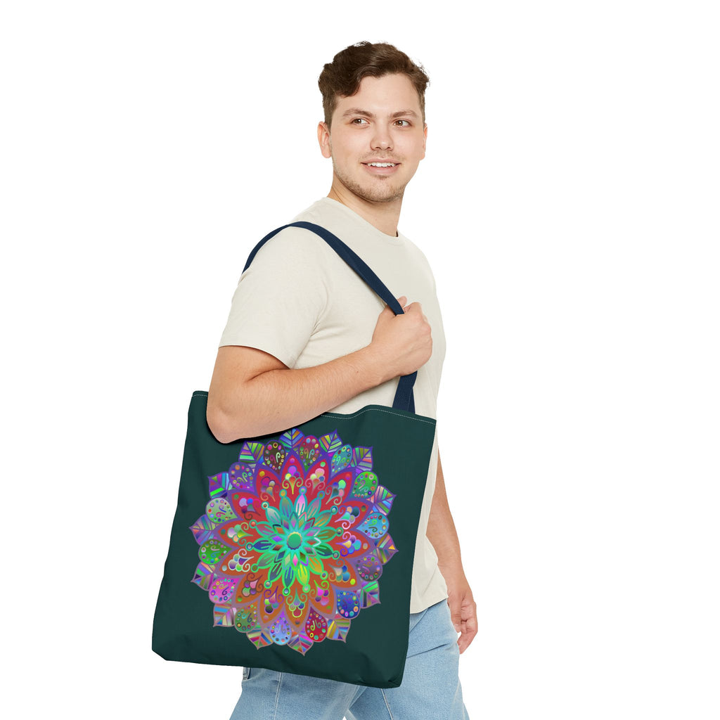 Dark green tote bag with intricate and colorful mandala design, perfect for adding a pop of color to your outfit