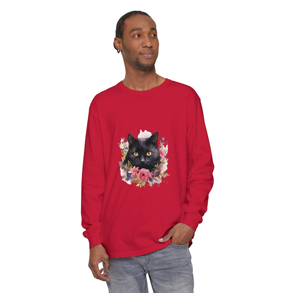 Black cat floral watercolor long sleeve t-shirt with vibrant and detailed design