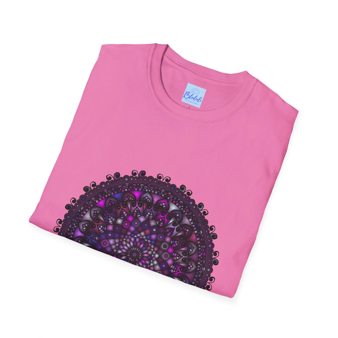 Beautiful and intricate purple mandala art printed on a soft unisex t-shirt, featuring a hand-drawn design