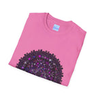 Beautiful and intricate purple mandala art printed on a soft unisex t-shirt, featuring a hand-drawn design
