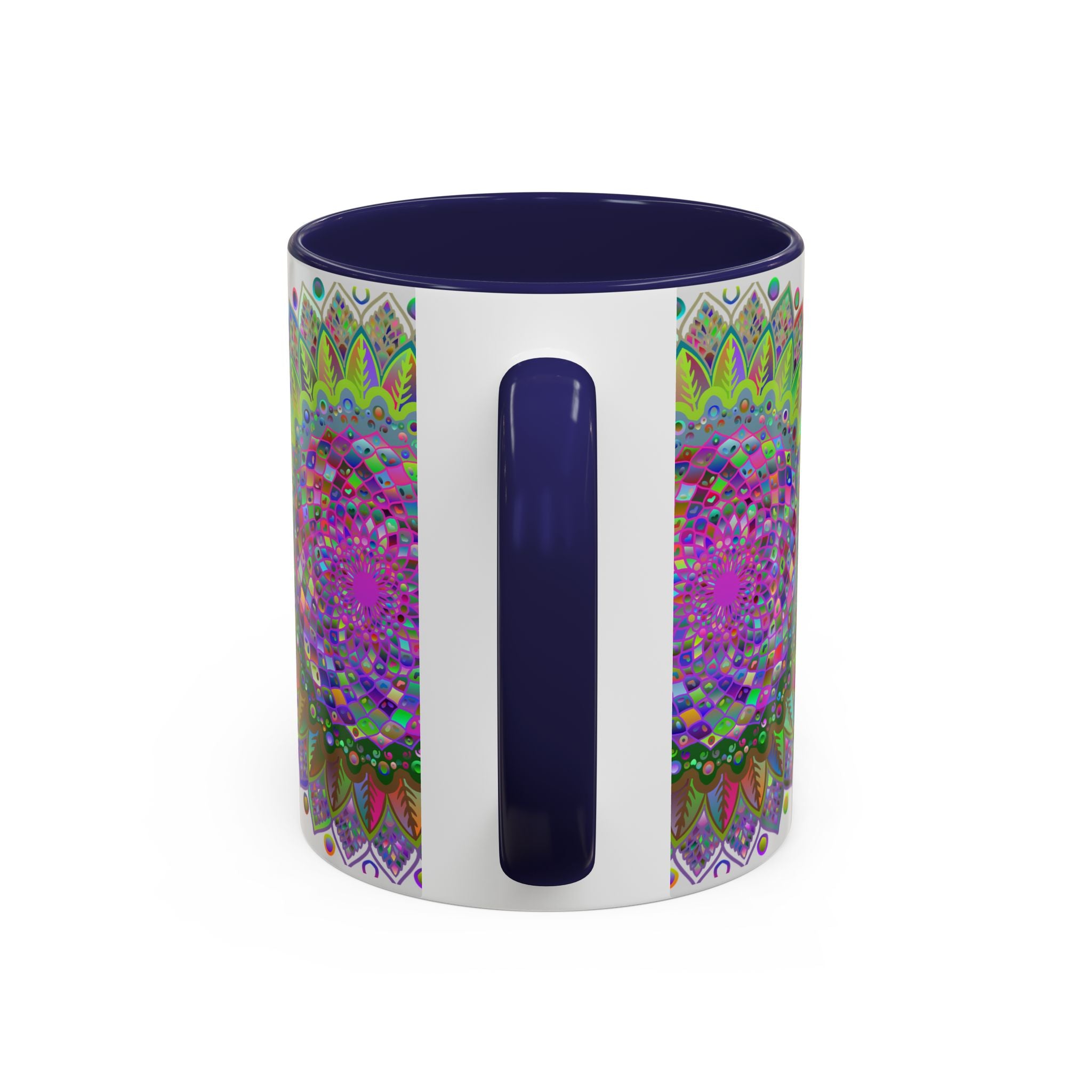 Colorful psychedelic mandala design on a ceramic mug against a grey background