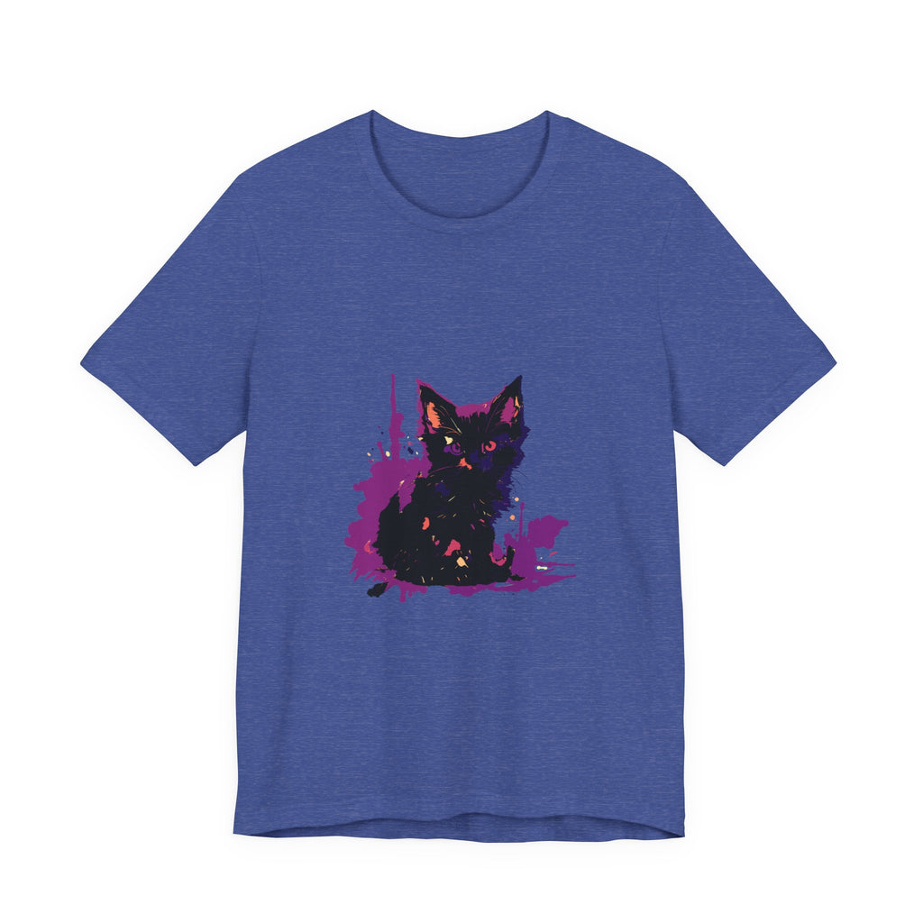 Schwarzes Katzenrätsel – Lila Farbspritzer-T-Shirt