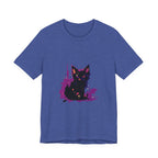Schwarzes Katzenrätsel – Lila Farbspritzer-T-Shirt
