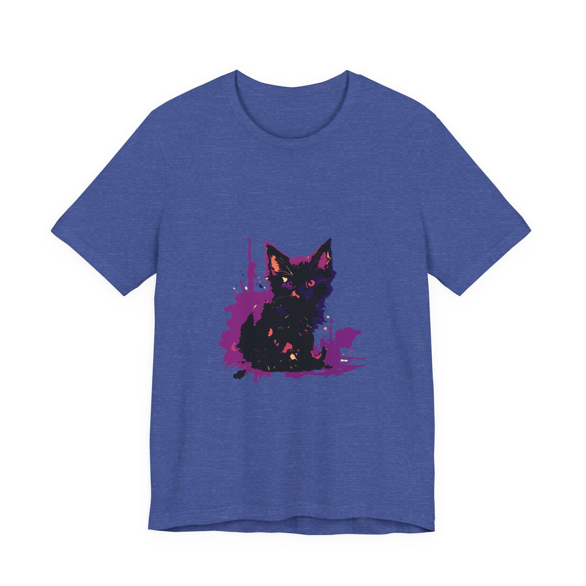 Schwarzes Katzenrätsel – Lila Farbspritzer-T-Shirt