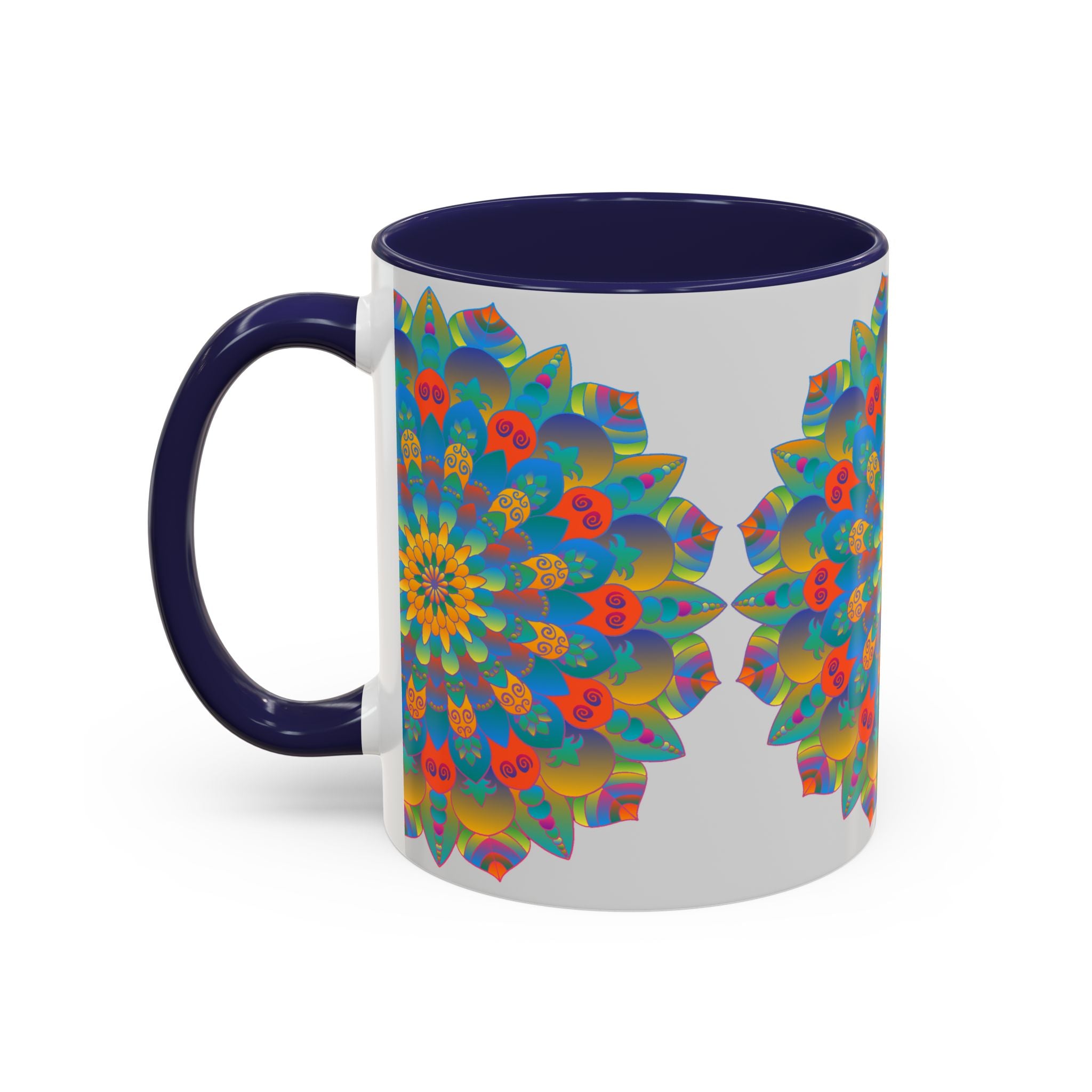 Colorful mandala art mug in vibrant shades of yellow, orange, and blue