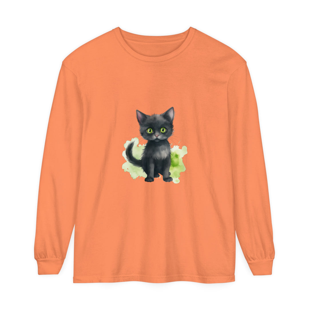 Black Cat Watercolor Long Sleeve T-Shirt with vibrant watercolor design