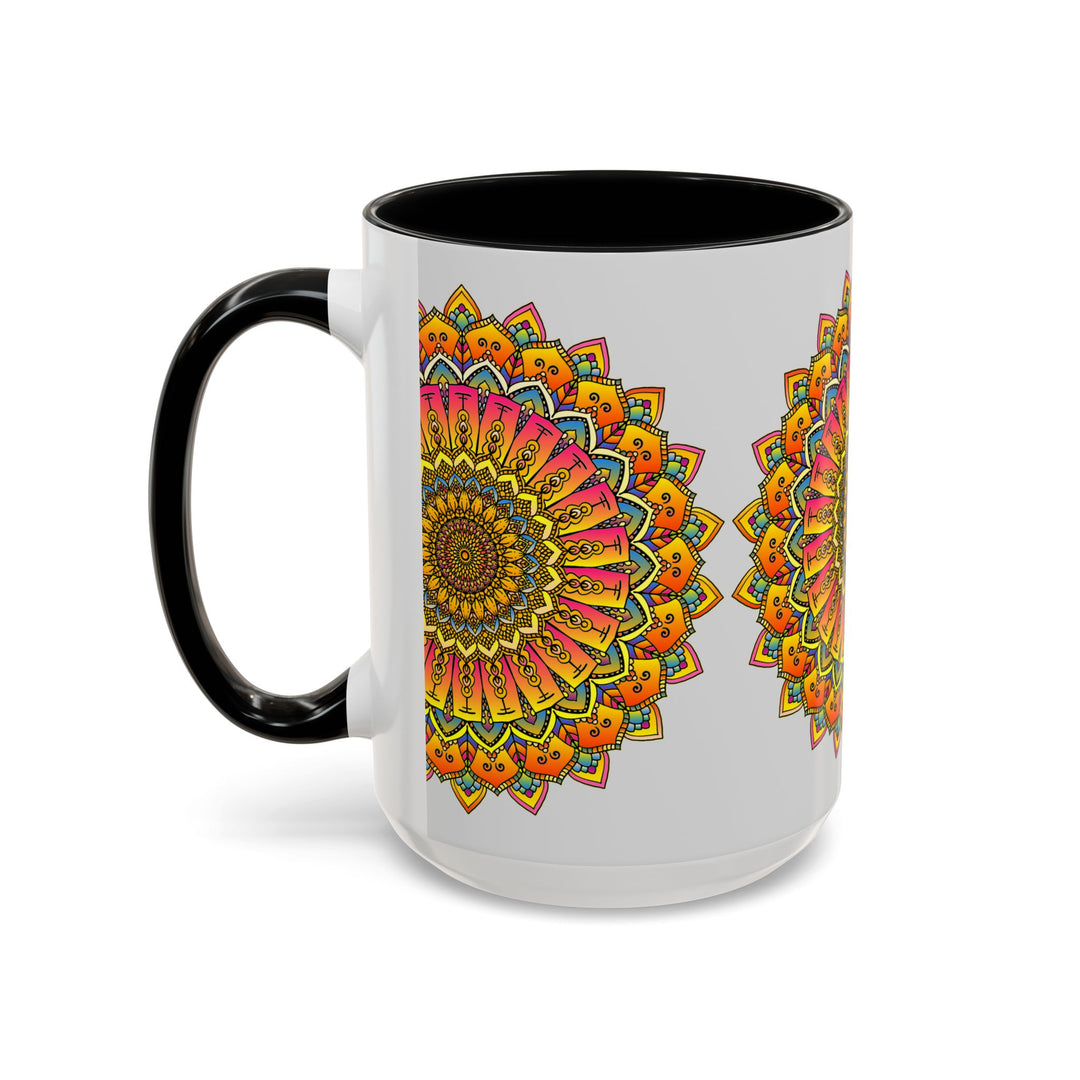 A close-up image of a ceramic mug with a colorful floral mandala design, perfect for enjoying your favorite hot beverage