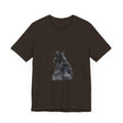 A watercolor illustration of a mysterious black cat on a t-shirt