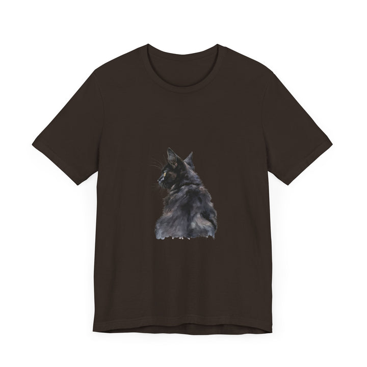 A watercolor illustration of a mysterious black cat on a t-shirt