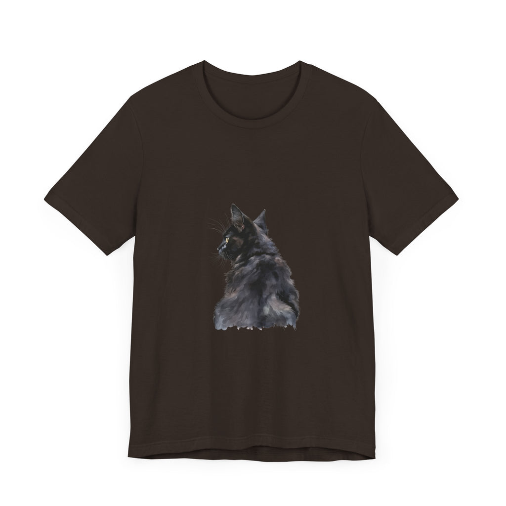 A watercolor illustration of a mysterious black cat on a t-shirt