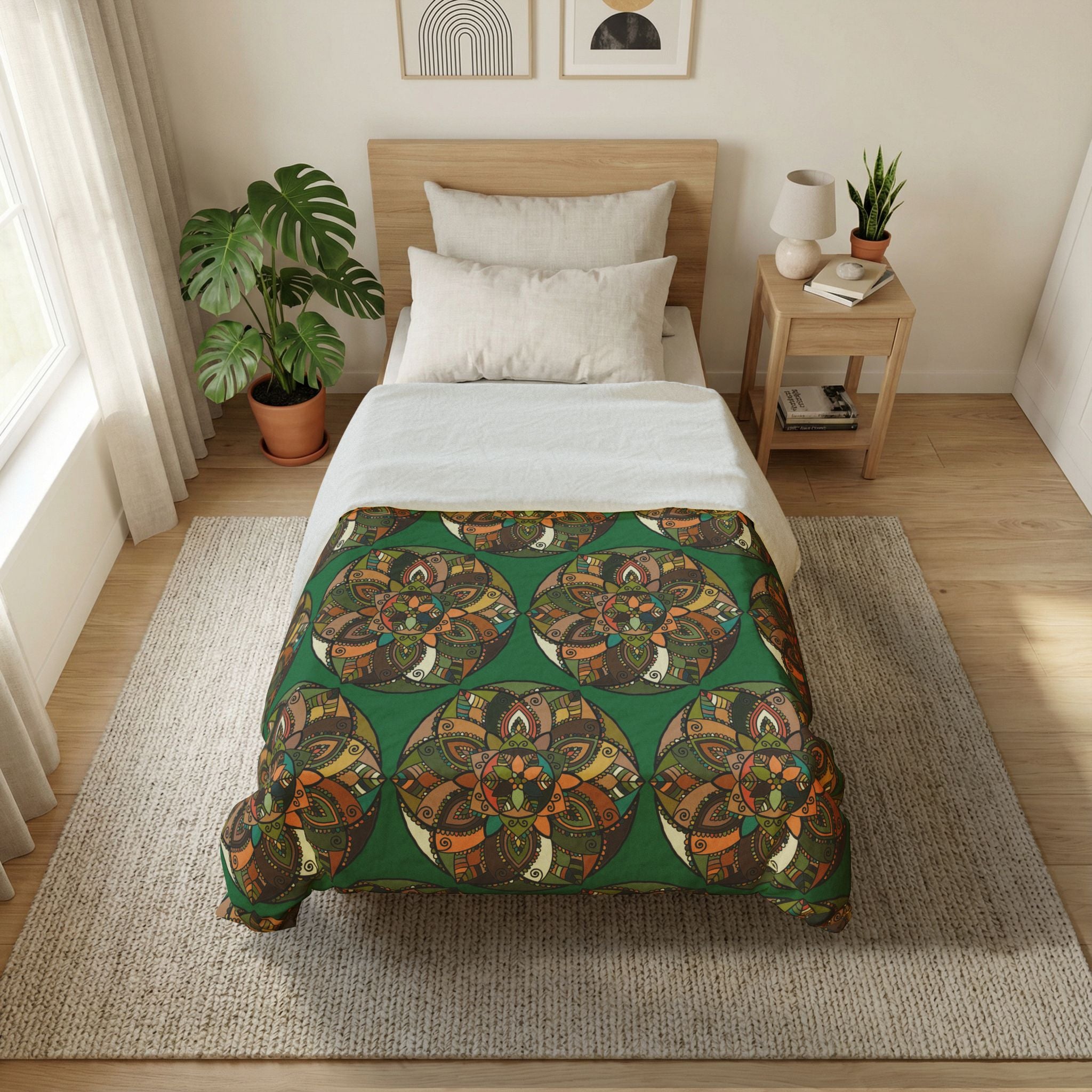 Bohemian Mandala Cotton Duvet Cover — Green Floral Geometric Bedding