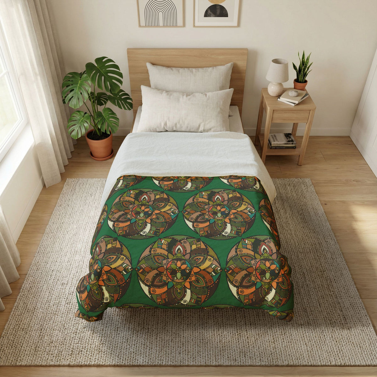 Bohemian Mandala Cotton Duvet Cover — Green Floral Geometric Bedding