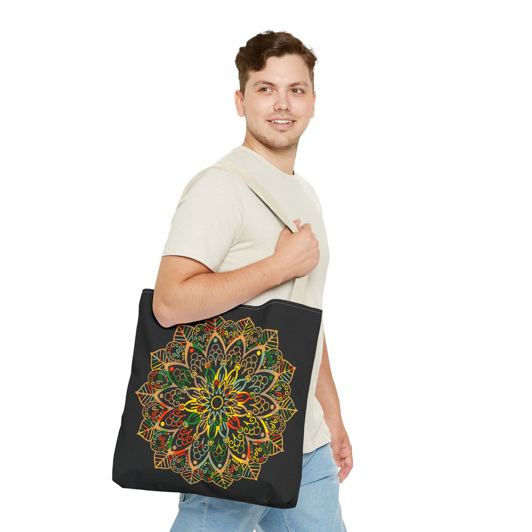 Stylish tote bag showcasing detailed and vibrant mandala art illustration