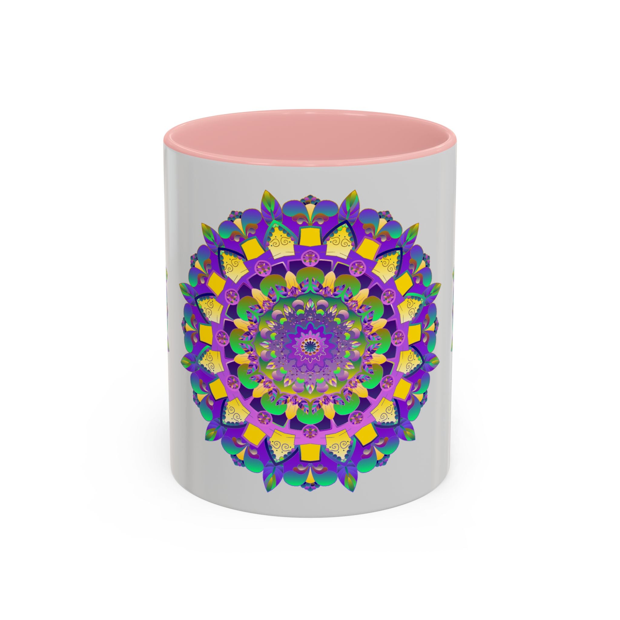 A close-up image of a ceramic mug with a purple and yellow mandala art design, perfect for enjoying your favorite hot beverage