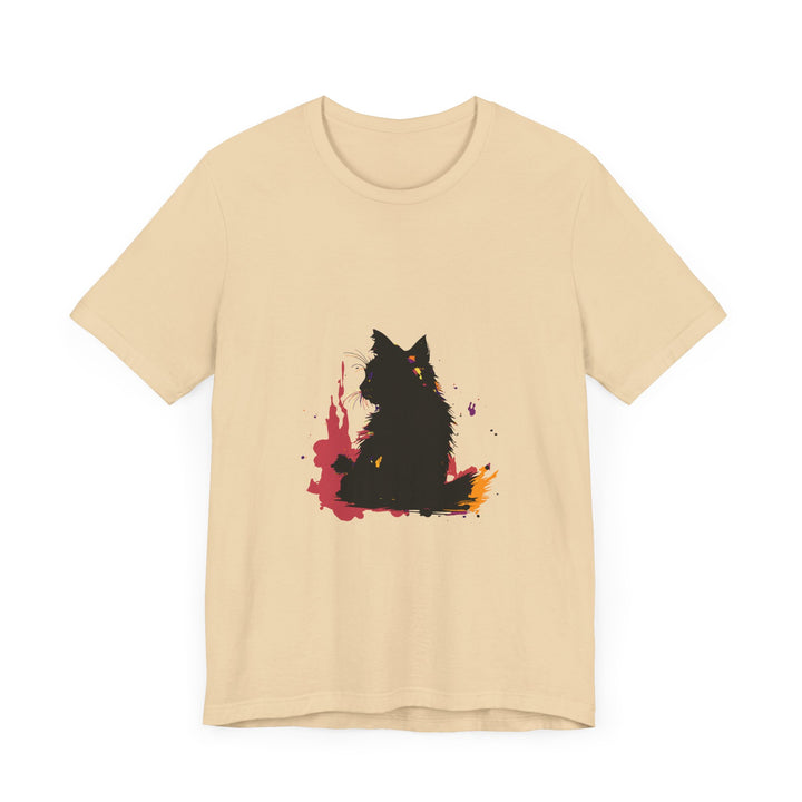 Black Cat Mystery T-Shirt showcasing colorful splatter art design on black fabric