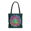 Dark green tote bag with colorful mandala design, perfect for adding a pop of color to your outfit