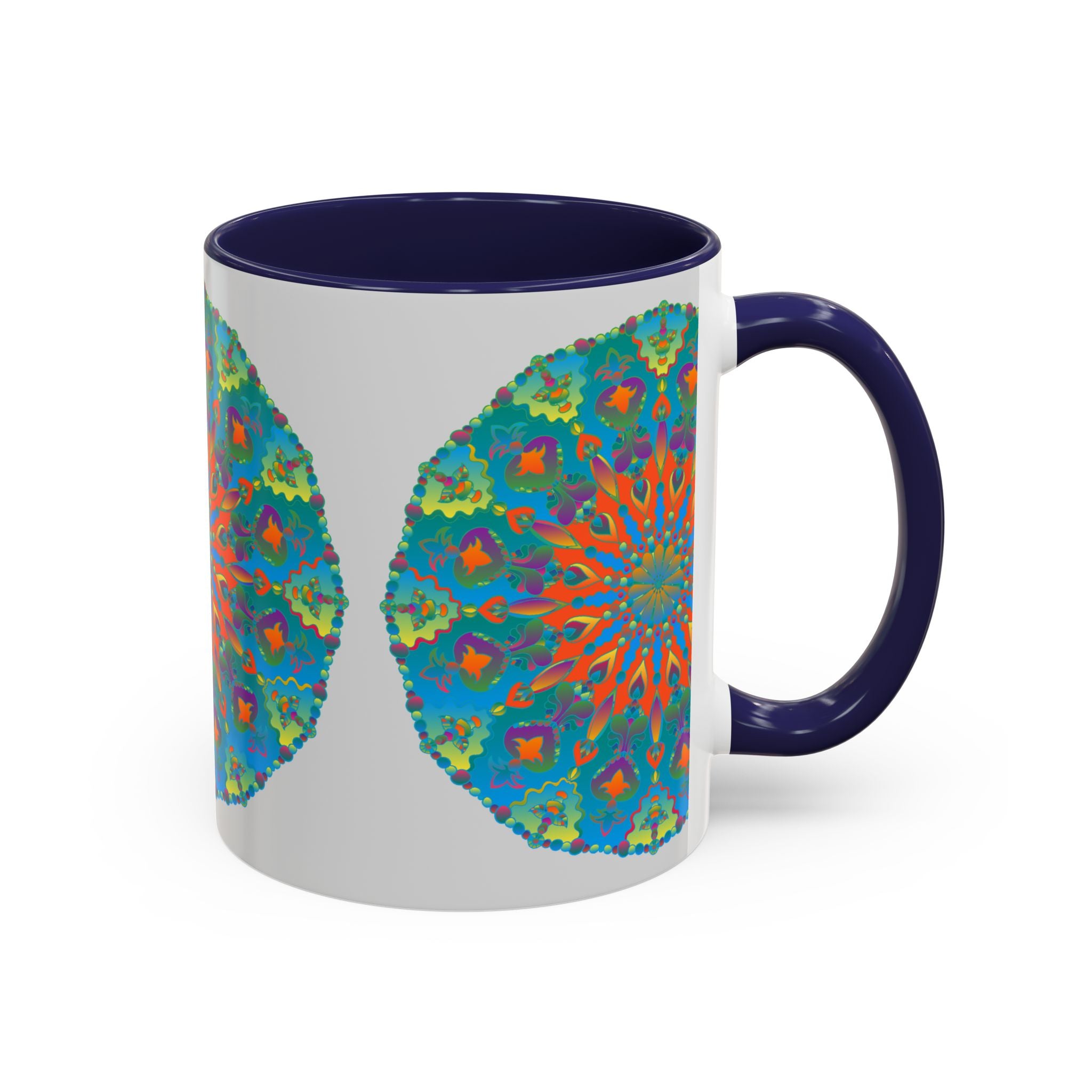 A handcrafted ceramic mug with a mandala art design in intricate shades of blue and green