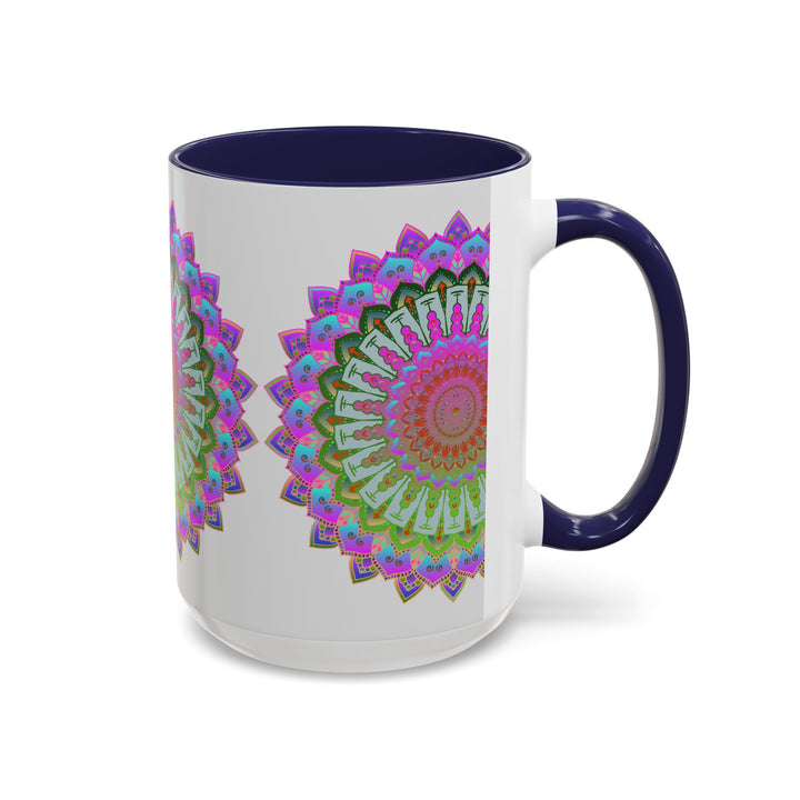 Handcrafted mandala art mug featuring colorful and intricate design