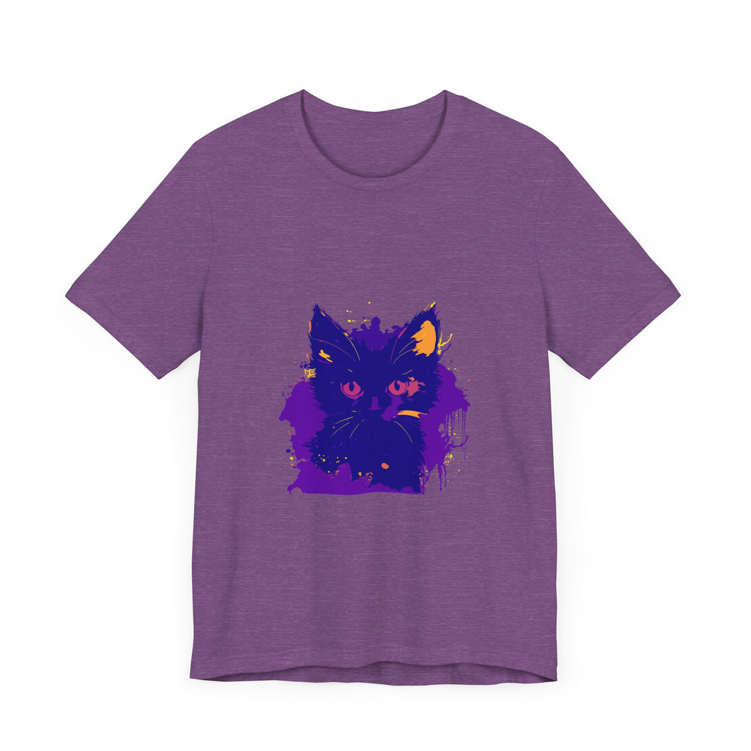 A whimsical blue and pink cat t-shirt featuring a playful feline design