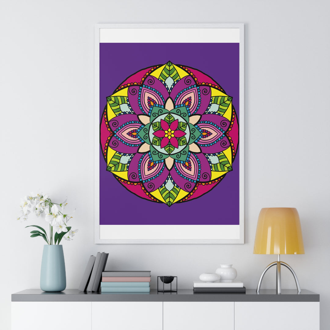 Vertical framed poster featuring a hand-drawn purple mandala art, perfect for mindfulness and yoga enthusiasts