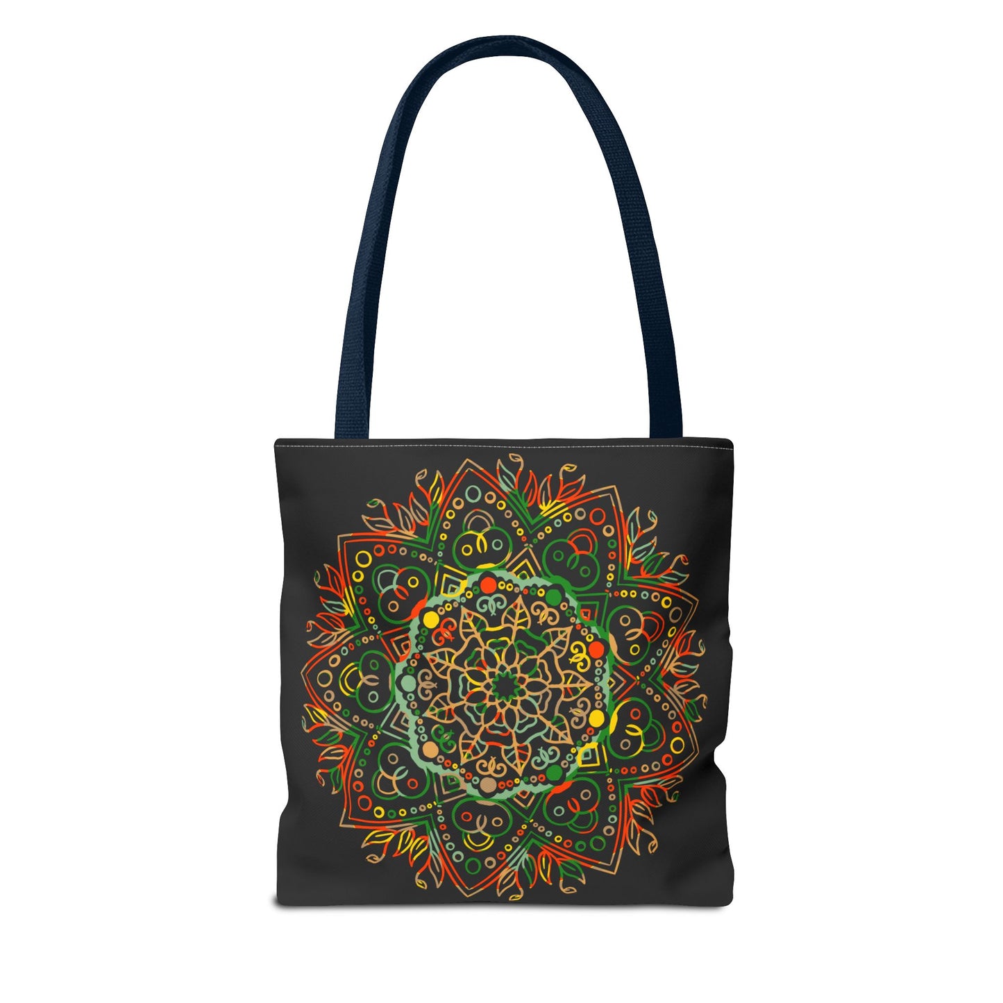 Colorful hand-drawn mandala art tote bag with all-over print design