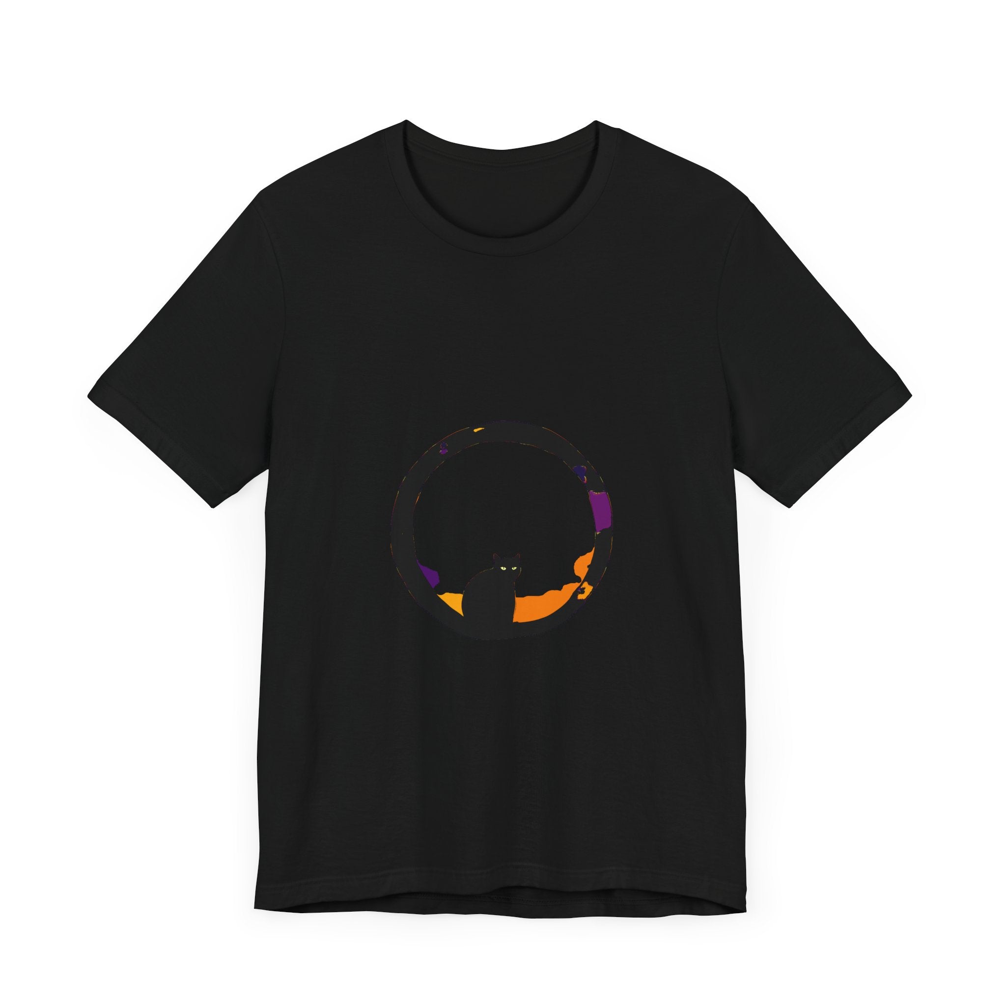 Black Cat Mystery Moon T-Shirt - A spooky and stylish black tee featuring a mysterious black cat against a full moon backdrop
