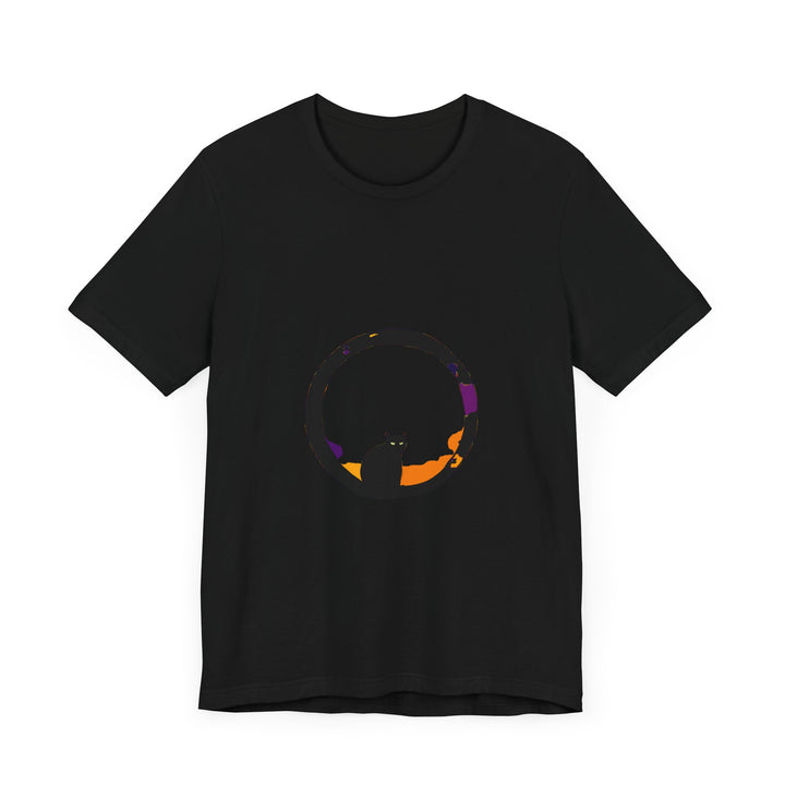 Black Cat Mystery Moon T-Shirt - A spooky and stylish black tee featuring a mysterious black cat against a full moon backdrop