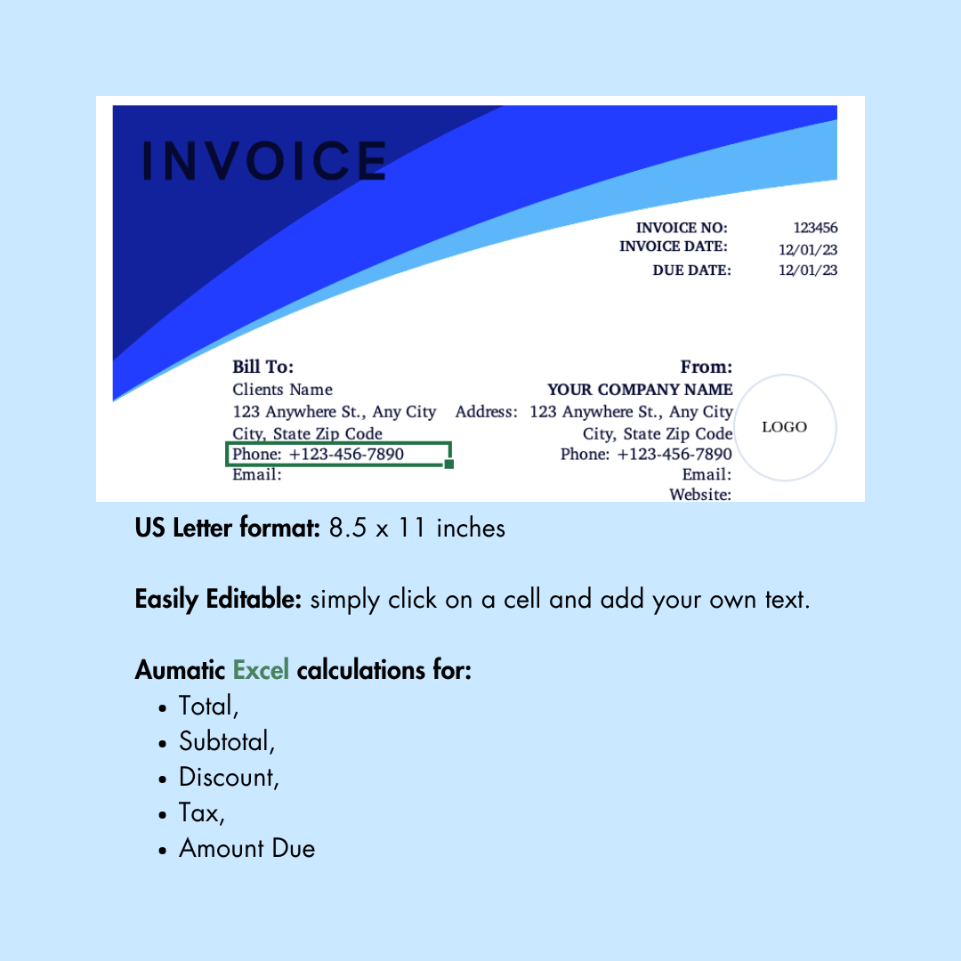 Blue Invoice Template | Editable Excel & Word Format | US Letter | Small Business