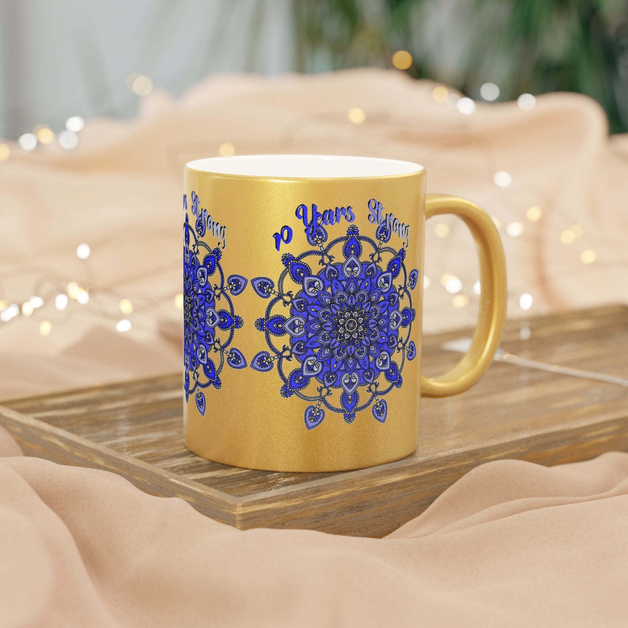 10th Anniversary Metallic Mug "10 Years Strong" - Hand Drawn Mandala Design in Gold & Silver | Perfect Tin/Aluminum Anniversary Gift - Blululi