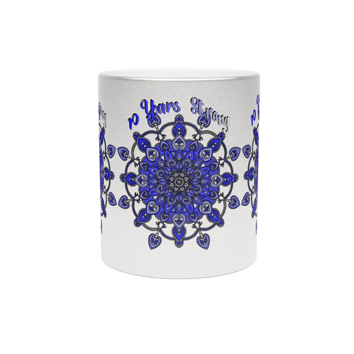 10th Anniversary Metallic Mug "10 Years Strong" - Hand Drawn Mandala Design in Gold & Silver | Perfect Tin/Aluminum Anniversary Gift - Blululi