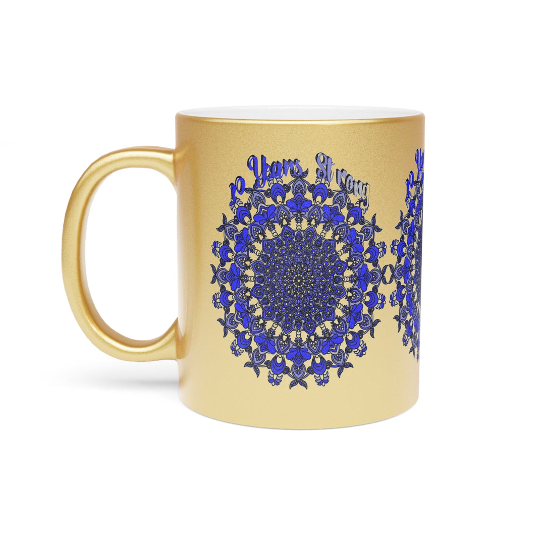 10th Anniversary Metallic Mug "10 Years Strong" - Hand Drawn Mandala Design in Gold & Silver | Perfect Tin/Aluminum Anniversary Gift - Blululi