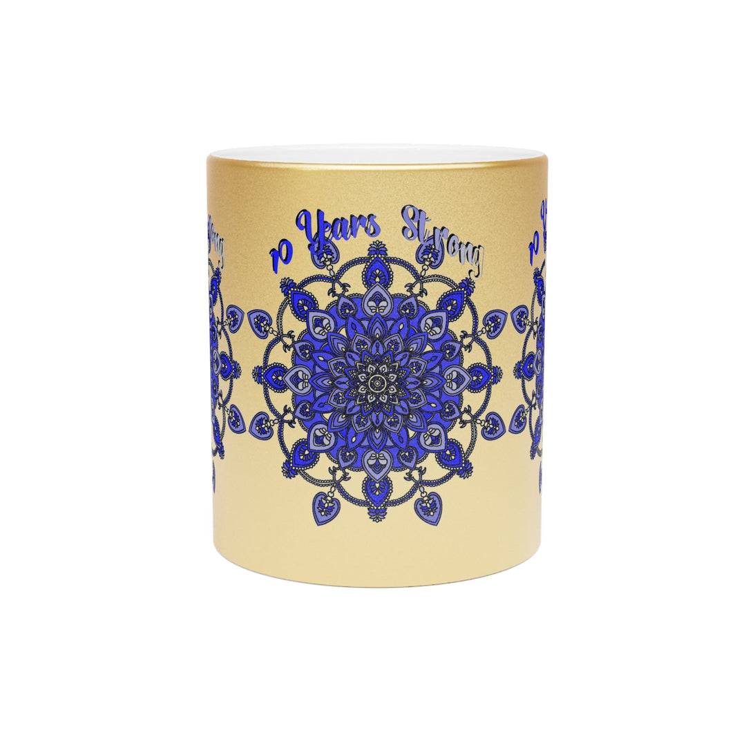 10th Anniversary Metallic Mug "10 Years Strong" - Hand Drawn Mandala Design in Gold & Silver | Perfect Tin/Aluminum Anniversary Gift - Blululi