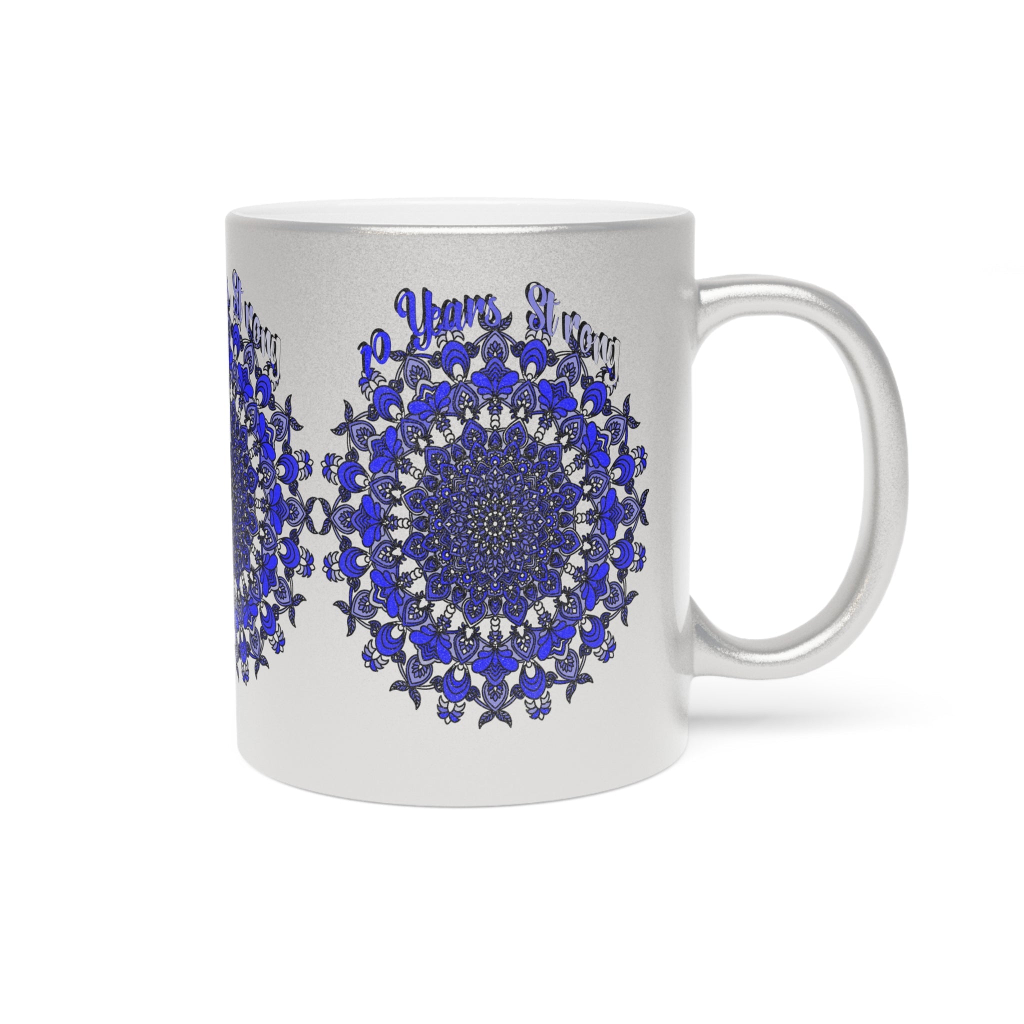 10th Anniversary Metallic Mug "10 Years Strong" - Hand Drawn Mandala Design in Gold & Silver | Perfect Tin/Aluminum Anniversary Gift - Blululi