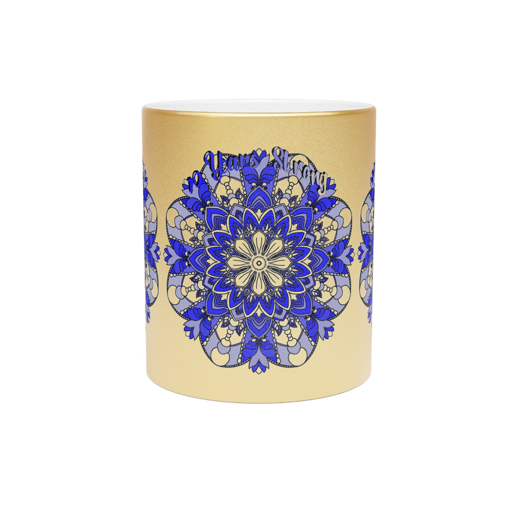 10th Anniversary Metallic Mug "10 Years Strong" - Hand Drawn Mandala Design in Gold & Silver | Perfect Tin/Aluminum Anniversary Gift - Blululi