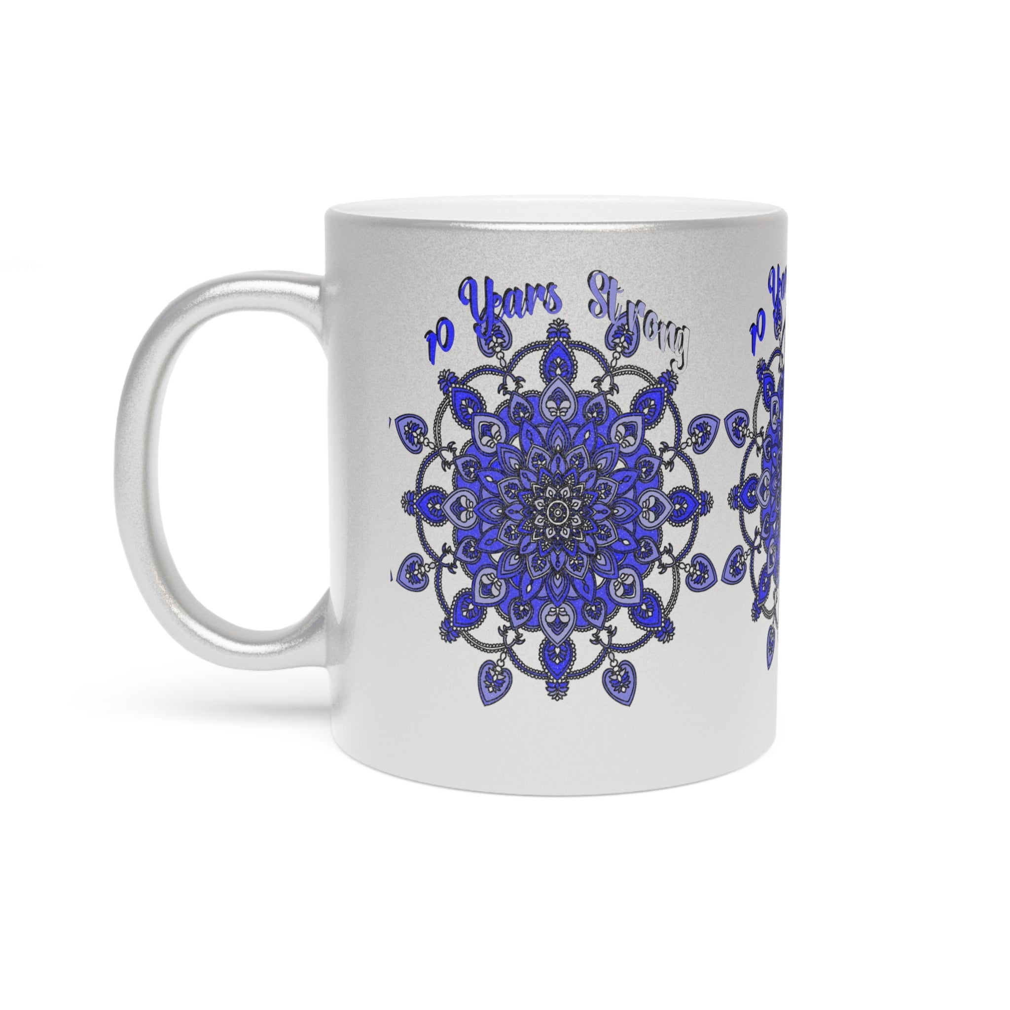 10th Anniversary Metallic Mug "10 Years Strong" - Hand Drawn Mandala Design in Gold & Silver | Perfect Tin/Aluminum Anniversary Gift - Blululi