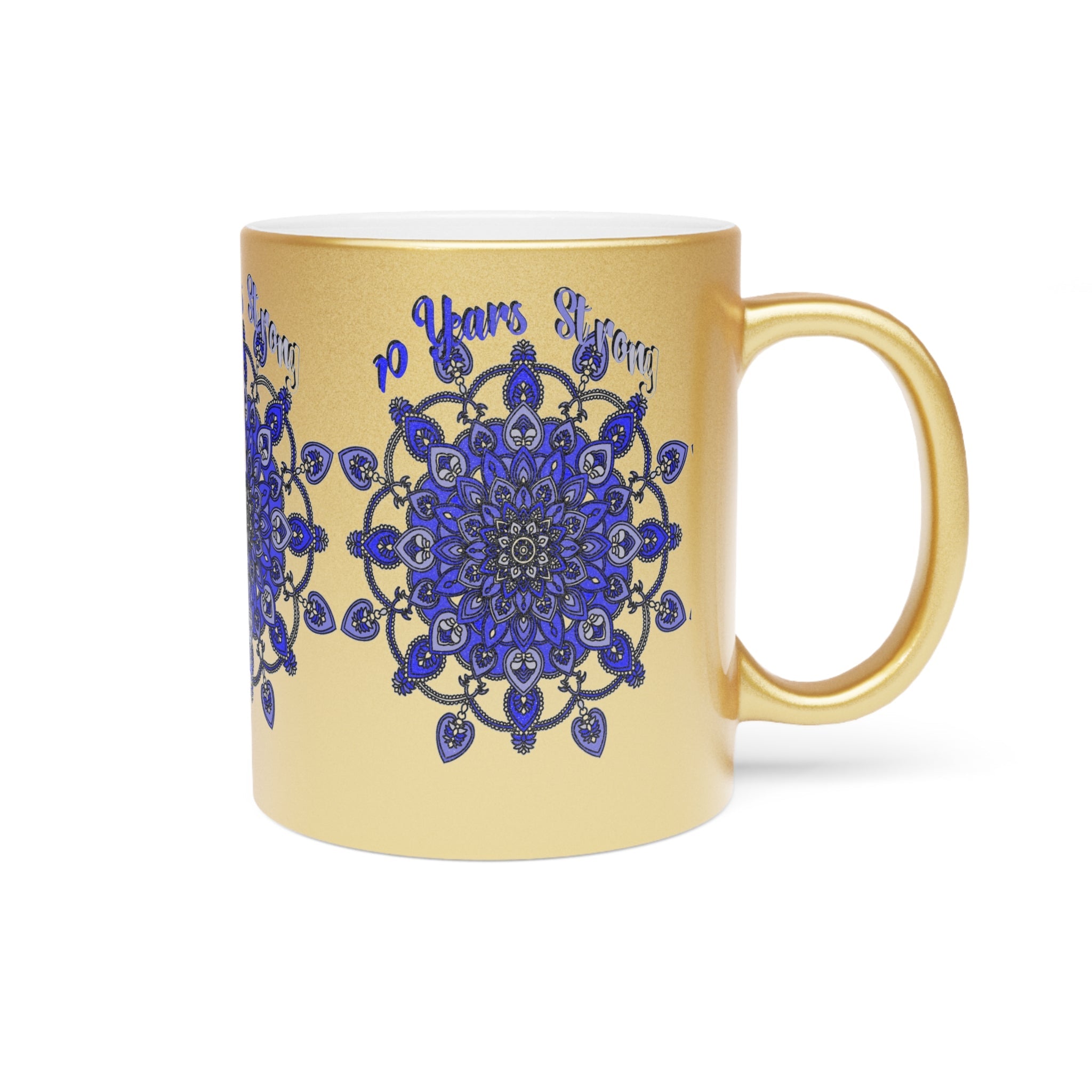 10th Anniversary Metallic Mug "10 Years Strong" - Hand Drawn Mandala Design in Gold & Silver | Perfect Tin/Aluminum Anniversary Gift - Blululi