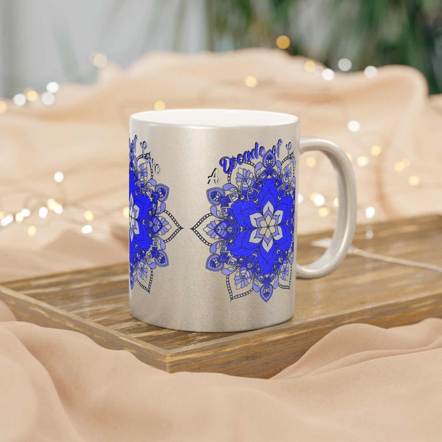 10th Anniversary Metallic Mug "A Decade of Love" - Hand Drawn Mandala Design in Gold & Silver | Perfect Tin/Aluminum Anniversary Gift - Blululi