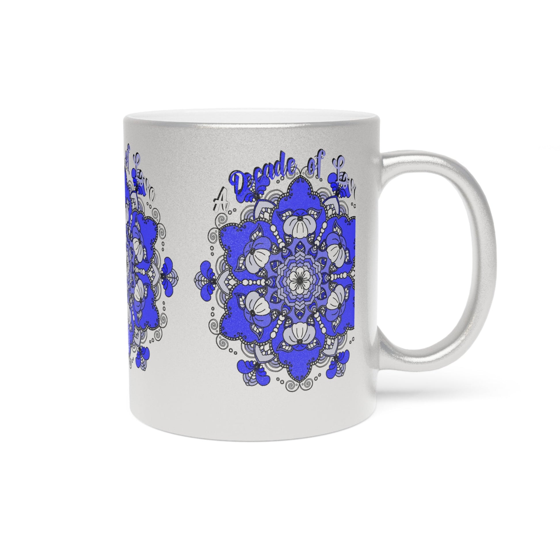 10th Anniversary Metallic Mug "A Decade of Love" - Hand Drawn Mandala Design in Gold & Silver | Perfect Tin/Aluminum Anniversary Gift - Blululi