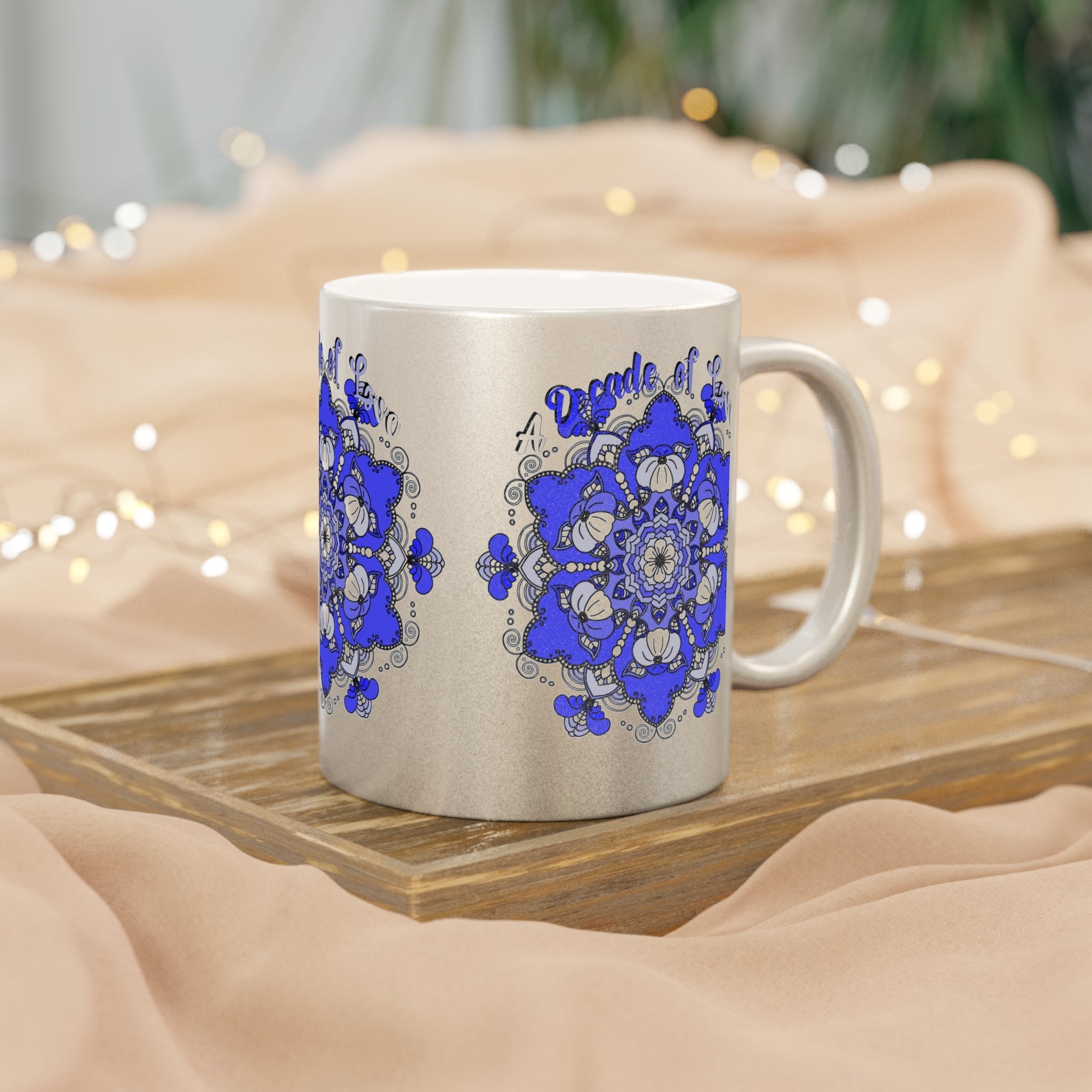 10th Anniversary Metallic Mug "A Decade of Love" - Hand Drawn Mandala Design in Gold & Silver | Perfect Tin/Aluminum Anniversary Gift - Blululi